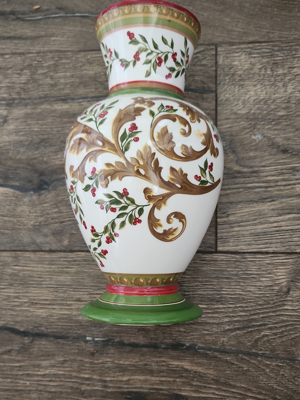 Laura Ashley White Ceramic Vase with Green and Red Accents and Gold Scrollwork